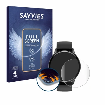 Parte frontal de un envase de producto con el logotipo de la marca Savvies. Al lado se muestra el dispositivo Sross Smartwatch