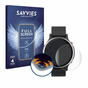 Parte frontal de un envase de producto con el logotipo de la marca Savvies. Al lado se muestra el dispositivo ASUS VivoWatch 6