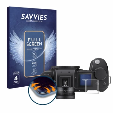 Parte frontal de un envase de producto con el logotipo de la marca Savvies. Al lado se muestra el dispositivo Leica SL3 (panta