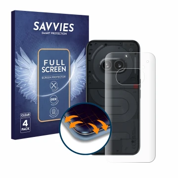 Parte frontal de un envase de producto con el logotipo de la marca Savvies. Al lado se muestra el dispositivo Nothing Phone (2