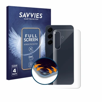 Parte frontal de un envase de producto con el logotipo de la marca Savvies. Al lado se muestra el dispositivo Samsung Galaxy A