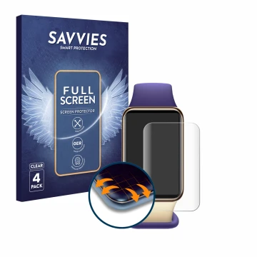 Parte frontal de un envase de producto con el logotipo de la marca Savvies. Al lado se muestra el dispositivo Honor Band 9 con