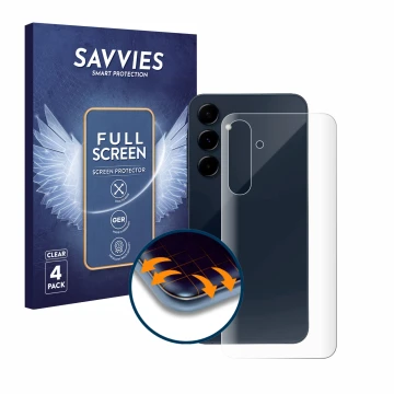 Parte frontal de un envase de producto con el logotipo de la marca Savvies. Al lado se muestra el dispositivo Samsung Galaxy A