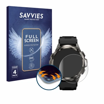 Parte frontal de un envase de producto con el logotipo de la marca Savvies. Al lado se muestra el dispositivo Kospet Tank T3 U