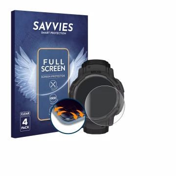Parte frontal de un envase de producto con el logotipo de la marca Savvies. Al lado se muestra el dispositivo Garmin Instinct 