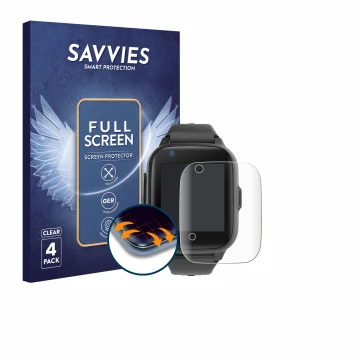 Parte frontal de un envase de producto con el logotipo de la marca Savvies. Al lado se muestra el dispositivo Leotec Kids Allo
