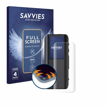 Parte frontal de un envase de producto con el logotipo de la marca Savvies. Al lado se muestra el dispositivo FiiO BTR15 con s