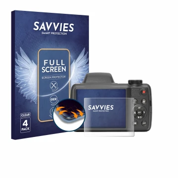 Parte frontal de un envase de producto con el logotipo de la marca Savvies. Al lado se muestra el dispositivo Kodak Pixpro AZ5