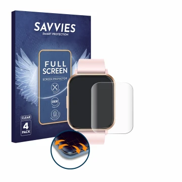 Parte frontal de un envase de producto con el logotipo de la marca Savvies. Al lado se muestra el dispositivo walkbee Smartwat