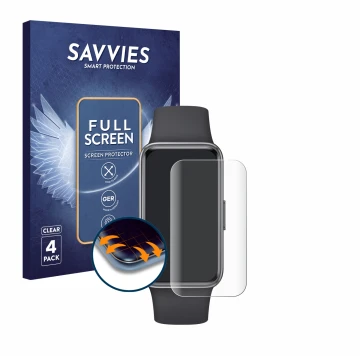 Parte frontal de un envase de producto con el logotipo de la marca Savvies. Al lado se muestra el dispositivo Huawei Band 9 co