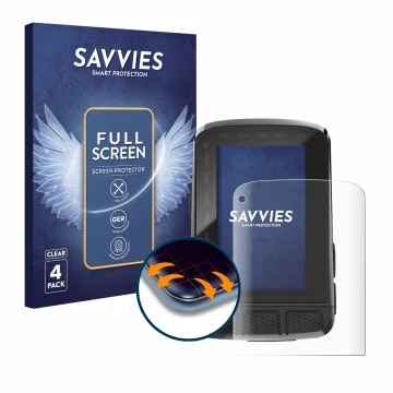 Parte frontal de un envase de producto con el logotipo de la marca Savvies. Al lado se muestra el dispositivo Wahoo Elemnt Roa