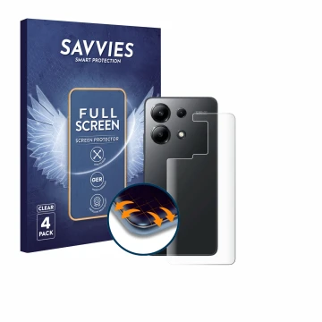 Parte frontal de un envase de producto con el logotipo de la marca Savvies. Al lado se muestra el dispositivo Xiaomi Redmi Not