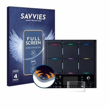 Parte frontal de un envase de producto con el logotipo de la marca Savvies. Al lado se muestra el dispositivo Roland SPD-SX PR