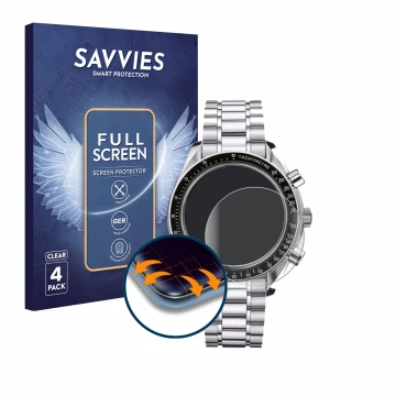 Parte frontal de un envase de producto con el logotipo de la marca Savvies. Al lado se muestra el dispositivo Omega Speedmaste