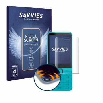 Parte frontal de un envase de producto con el logotipo de la marca Savvies. Al lado se muestra el dispositivo Nokia 235 4G (20