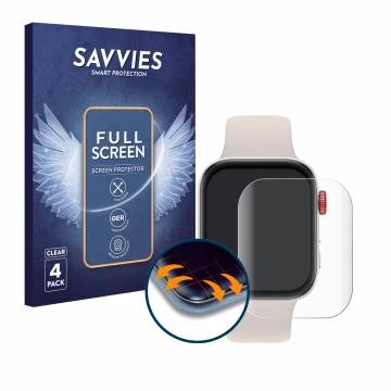 Parte frontal de un envase de producto con el logotipo de la marca Savvies. Al lado se muestra el dispositivo Huawei Watch Fit