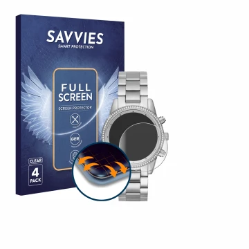 Parte frontal de un envase de producto con el logotipo de la marca Savvies. Al lado se muestra el dispositivo Michael Kors Rit