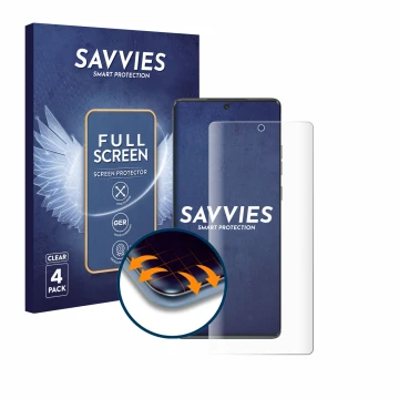 Parte frontal de un envase de producto con el logotipo de la marca Savvies. Al lado se muestra el dispositivo Motorola Moto G8