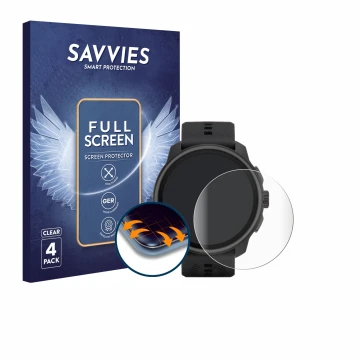 Parte frontal de un envase de producto con el logotipo de la marca Savvies. Al lado se muestra el dispositivo Suunto Race S co