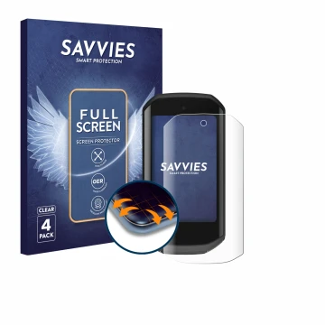 Parte frontal de un envase de producto con el logotipo de la marca Savvies. Al lado se muestra el dispositivo Garmin Edge 1050