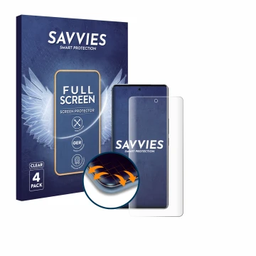 Parte frontal de un envase de producto con el logotipo de la marca Savvies. Al lado se muestra el dispositivo Vivo V40 con su 