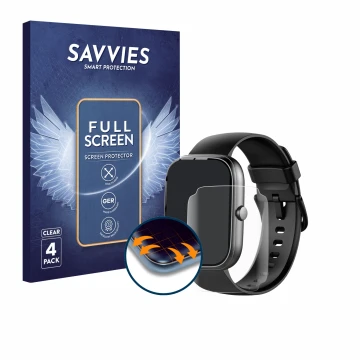 Parte frontal de un envase de producto con el logotipo de la marca Savvies. Al lado se muestra el dispositivo Uaue T60 1.91