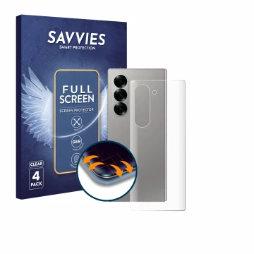 Parte frontal de un envase de producto con el logotipo de la marca Savvies. Al lado se muestra el dispositivo Samsung Galaxy Z