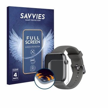 Parte frontal de un envase de producto con el logotipo de la marca Savvies. Al lado se muestra el dispositivo AcclaFit P5 1.85