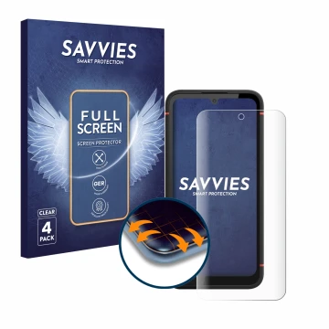 Parte frontal de un envase de producto con el logotipo de la marca Savvies. Al lado se muestra el dispositivo Gigaset GX4 Pro 