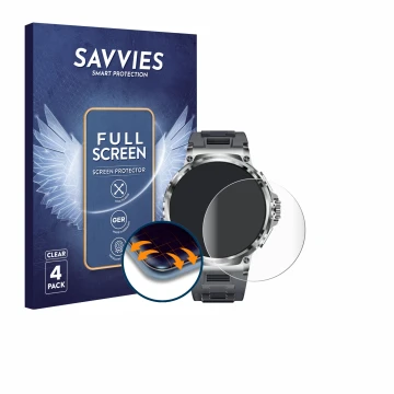 Parte frontal de un envase de producto con el logotipo de la marca Savvies. Al lado se muestra el dispositivo Smartwatch V69 1