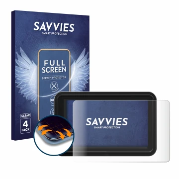 Parte frontal de un envase de producto con el logotipo de la marca Savvies. Al lado se muestra el dispositivo Atomos Shinobi 2