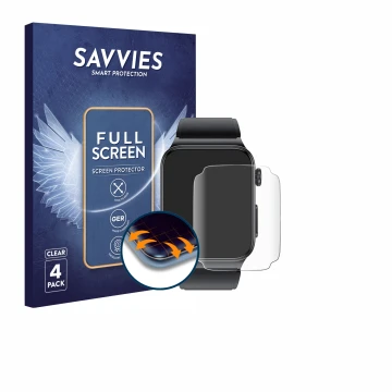 Parte frontal de un envase de producto con el logotipo de la marca Savvies. Al lado se muestra el dispositivo andoer Smartwatc