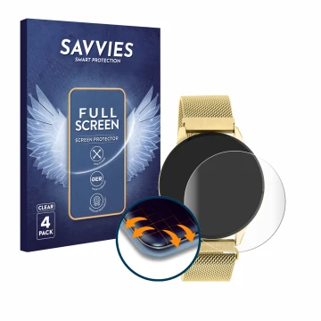 Parte frontal de un envase de producto con el logotipo de la marca Savvies. Al lado se muestra el dispositivo Oozoo Q00121 con