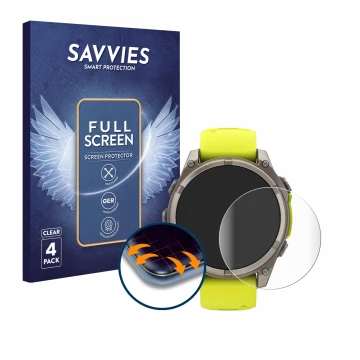 Parte frontal de un envase de producto con el logotipo de la marca Savvies. Al lado se muestra el dispositivo Garmin Fenix 8 S