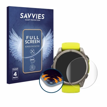 Parte frontal de un envase de producto con el logotipo de la marca Savvies. Al lado se muestra el dispositivo Garmin Fenix 8 S