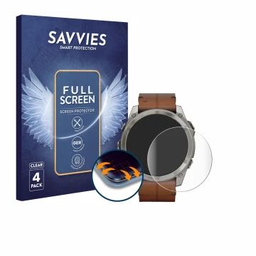 Parte frontal de un envase de producto con el logotipo de la marca Savvies. Al lado se muestra el dispositivo Garmin Fenix 8 A