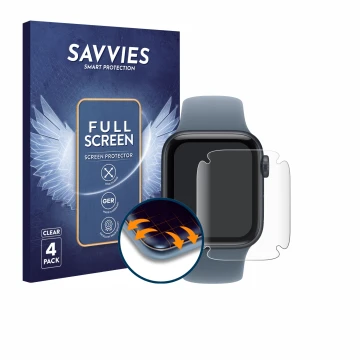 Parte frontal de un envase de producto con el logotipo de la marca Savvies. Al lado se muestra el dispositivo Apple Watch SE 3