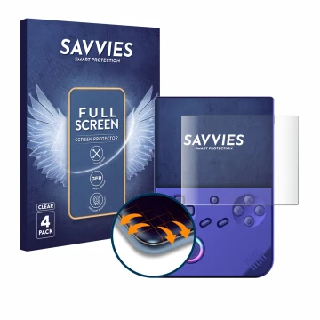 Parte frontal de un envase de producto con el logotipo de la marca Savvies. Al lado se muestra el dispositivo Anbernic RG40XXV