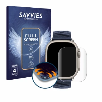 Parte frontal de un envase de producto con el logotipo de la marca Savvies. Al lado se muestra el dispositivo Apple Watch Herm