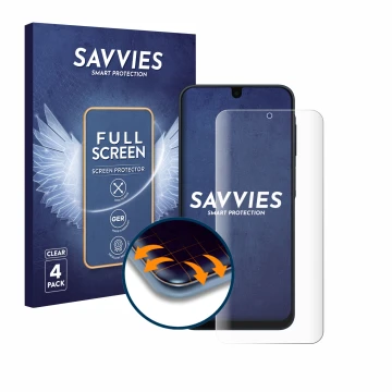 Parte frontal de un envase de producto con el logotipo de la marca Savvies. Al lado se muestra el dispositivo Samsung Galaxy A