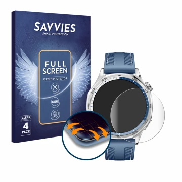 Parte frontal de un envase de producto con el logotipo de la marca Savvies. Al lado se muestra el dispositivo Huawei Watch GT 