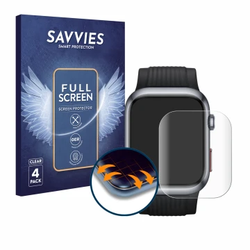 Parte frontal de un envase de producto con el logotipo de la marca Savvies. Al lado se muestra el dispositivo Huawei Watch D2 
