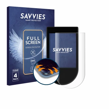 Parte frontal de un envase de producto con el logotipo de la marca Savvies. Al lado se muestra el dispositivo SoFlow SO1+ con 