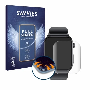 Parte frontal de un envase de producto con el logotipo de la marca Savvies. Al lado se muestra el dispositivo Douself Smartwat