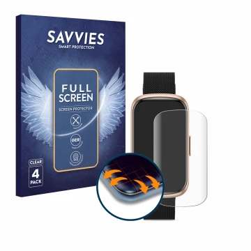 Parte frontal de un envase de producto con el logotipo de la marca Savvies. Al lado se muestra el dispositivo Ruxingx Fitness 