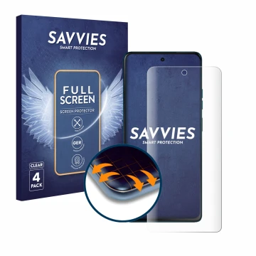 Parte frontal de un envase de producto con el logotipo de la marca Savvies. Al lado se muestra el dispositivo Motorola Moto G7