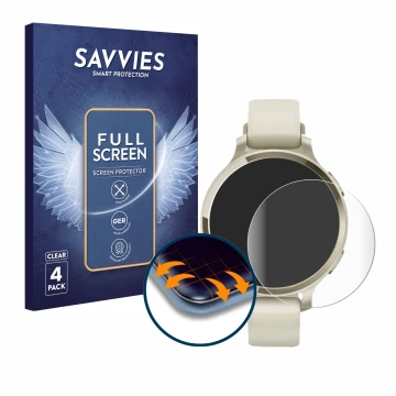 Parte frontal de un envase de producto con el logotipo de la marca Savvies. Al lado se muestra el dispositivo Garmin Lily 2 Ac