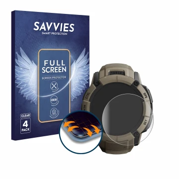 Parte frontal de un envase de producto con el logotipo de la marca Savvies. Al lado se muestra el dispositivo Garmin Instinct 