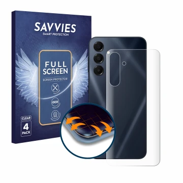 Parte frontal de un envase de producto con el logotipo de la marca Savvies. Al lado se muestra el dispositivo Samsung Galaxy A