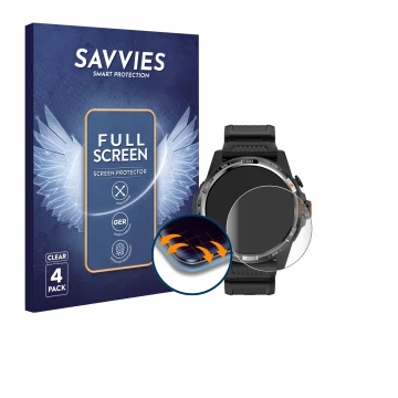 Parte frontal de un envase de producto con el logotipo de la marca Savvies. Al lado se muestra el dispositivo Mobvoi Ticwatch 